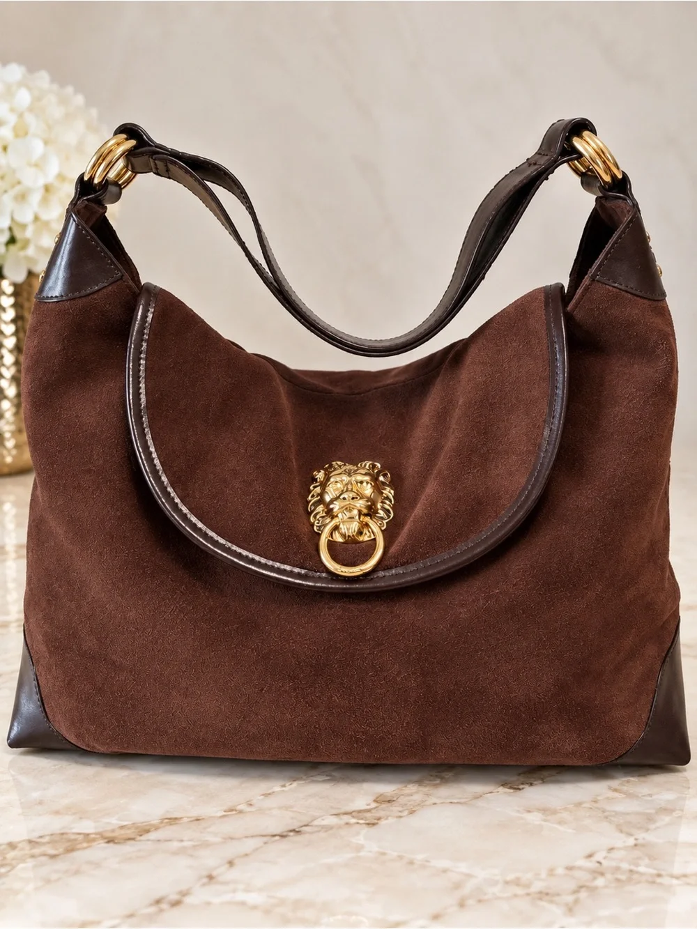 Vintage Lilly Pulitzer Chocolate Brown Suede Lion Head Hobo Shoulder Bag
